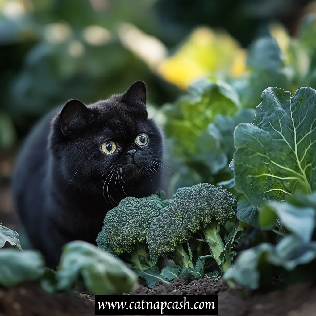 a cat next to broccoli being grown in a garden