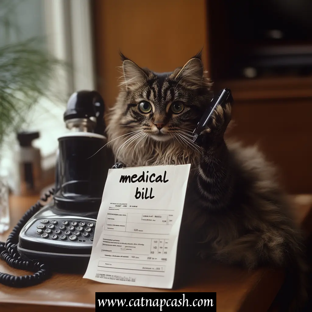 a cat on a landline phone discussing and negotiating bills