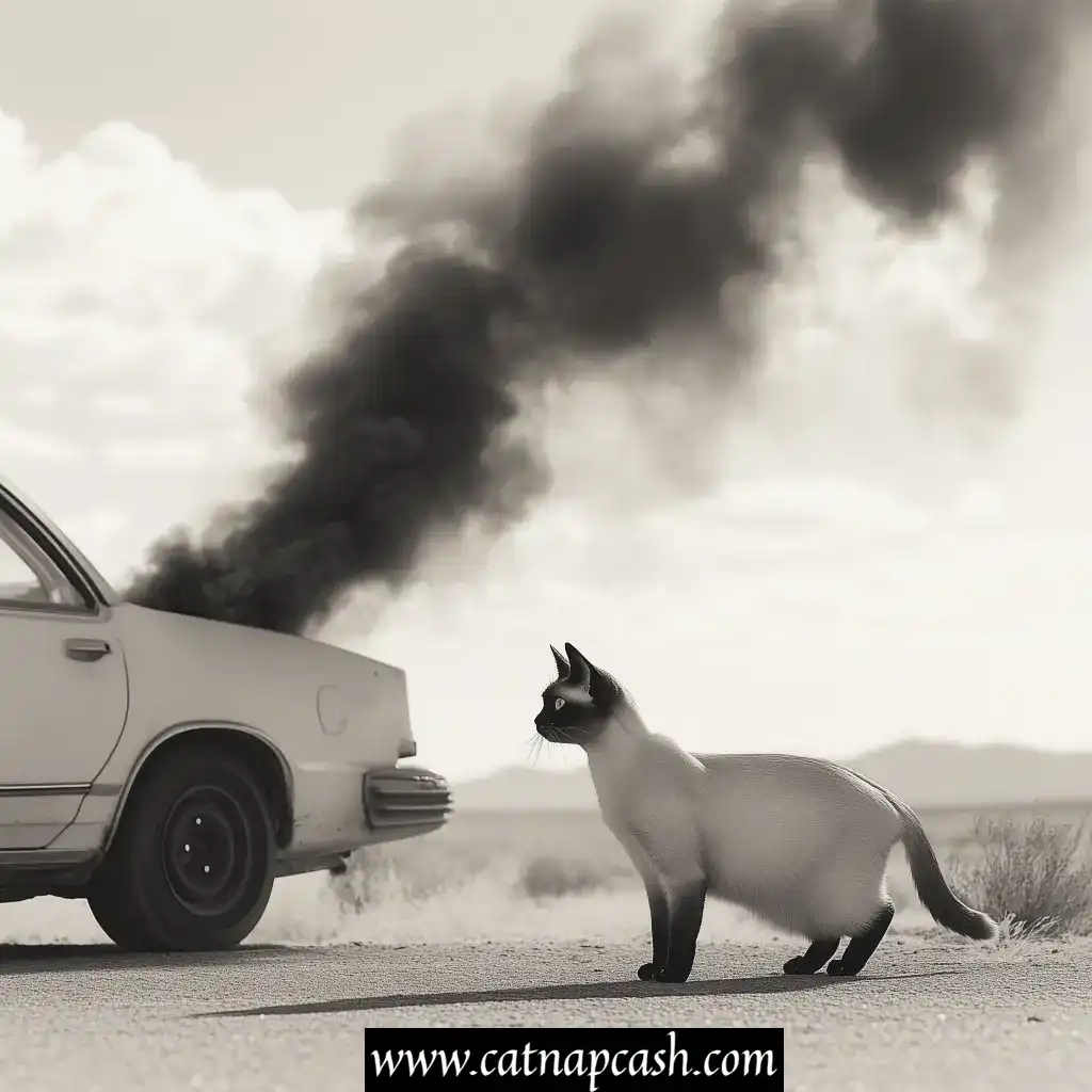 a cat on the side of the road in front of a car with smoke coming from the engine