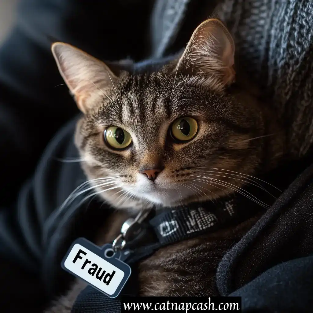 a cat with a collar on with the word fraud on it