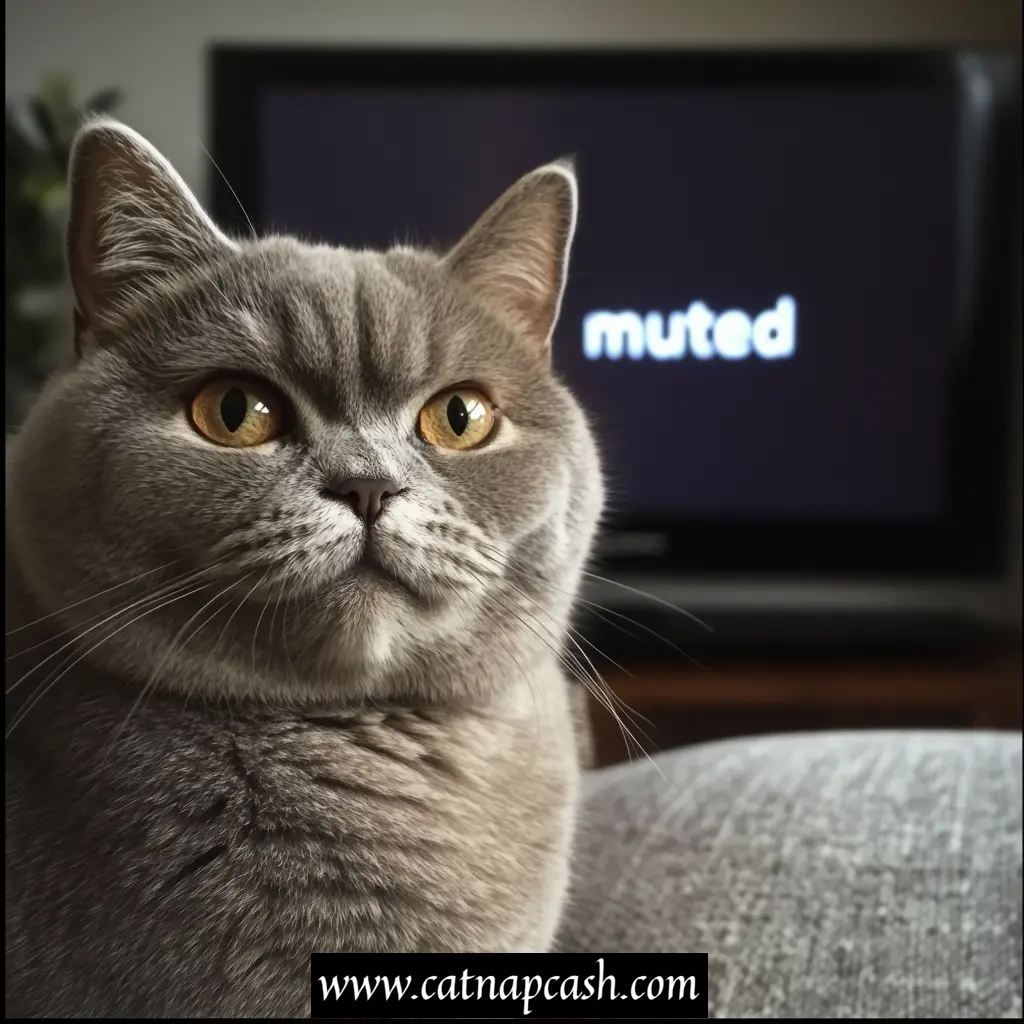 a cat with a television behind it that says muted