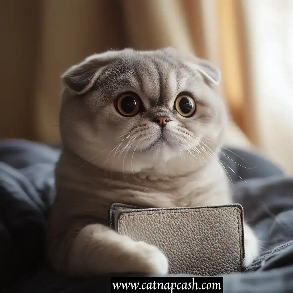 a cat with big eyes whom has a wallet with nothing in it