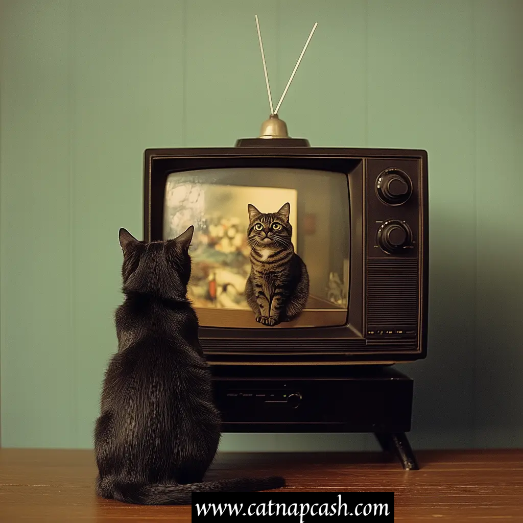 a tv playing a show with an antenna on top and a cat watching it