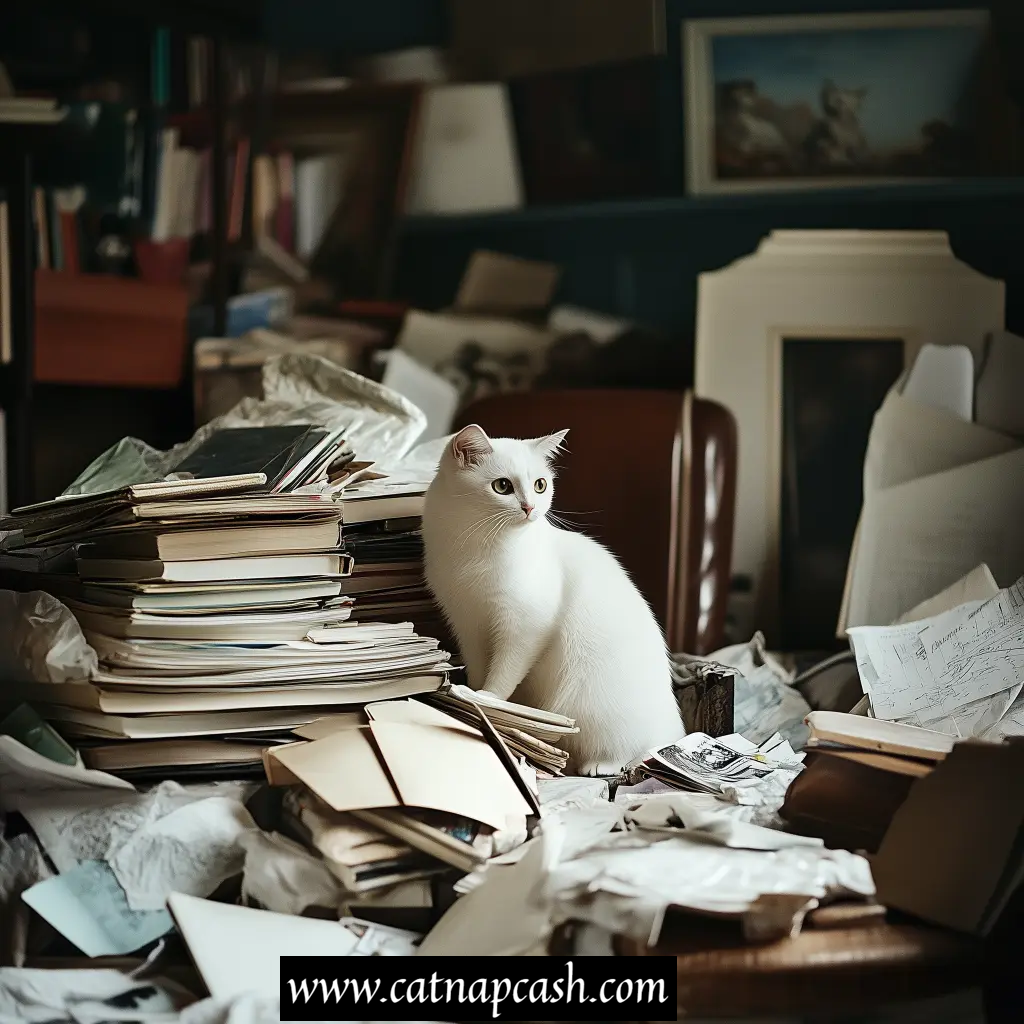 a white cat in a room trying to organize it