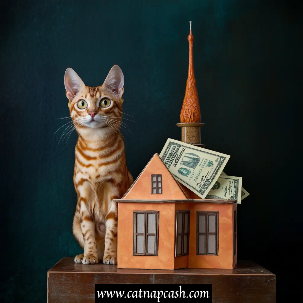 an orange model of a house with paper money on top and a cat next to each other on a table