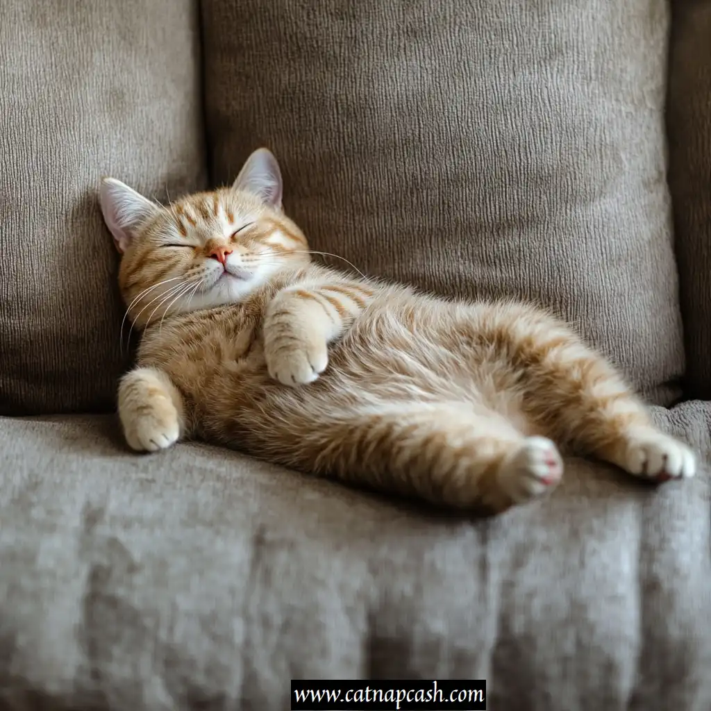 cat belly up sleeping on couch