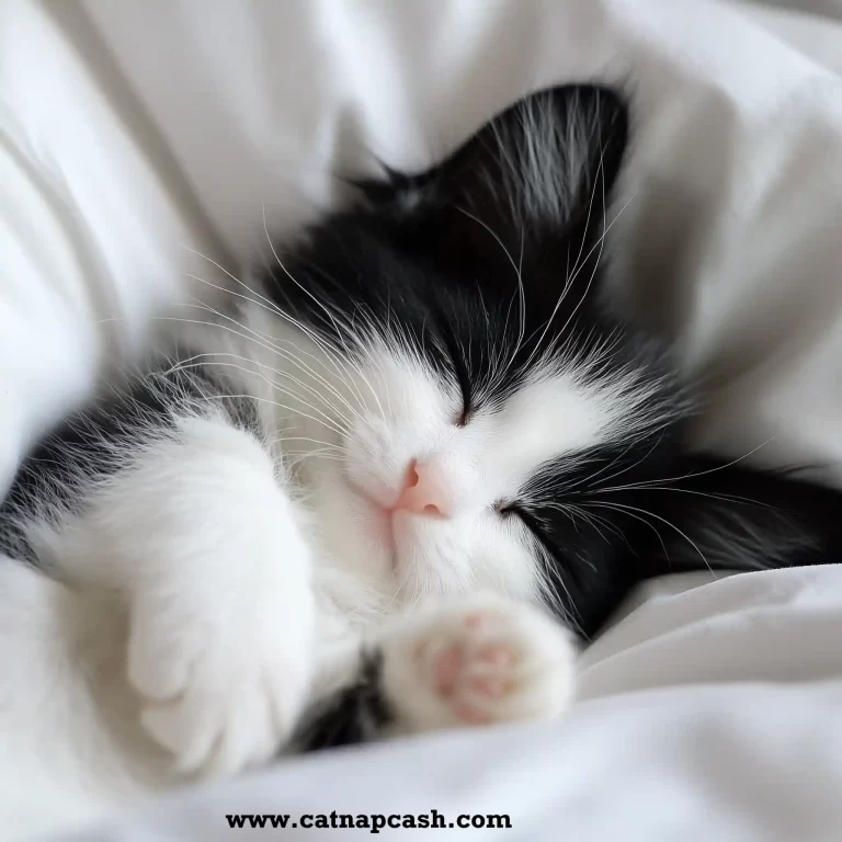 Black and white kitten sleeping on its back
