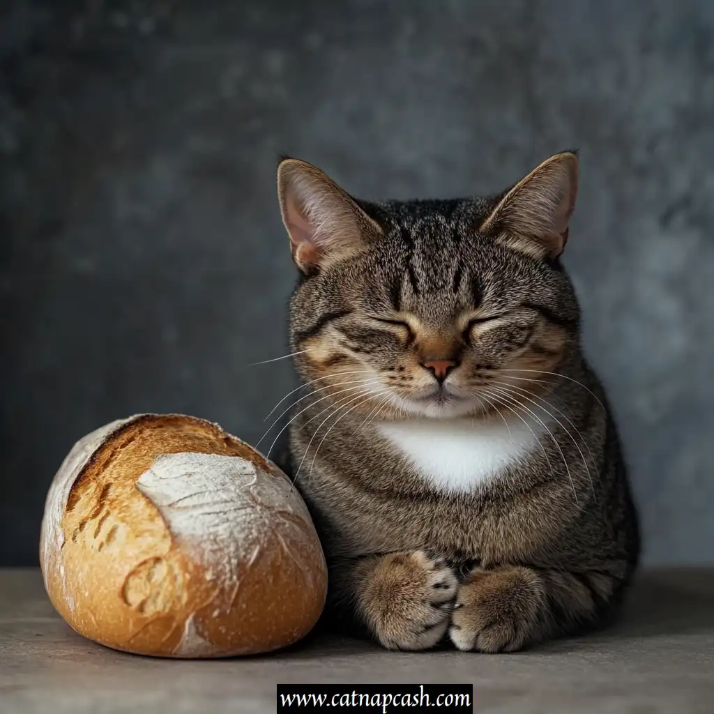 cat sleeping next to a loaf of bread