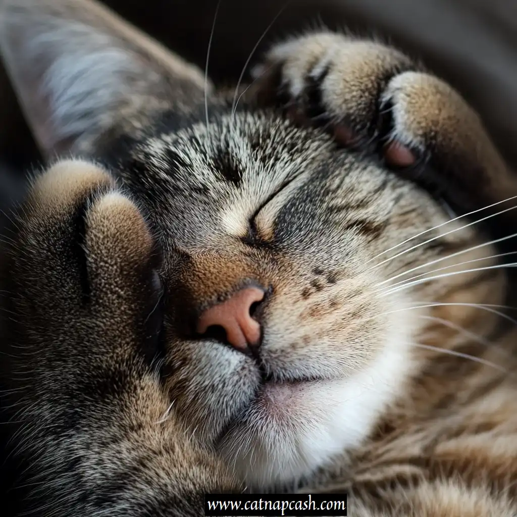 cat sleeping with paws on face