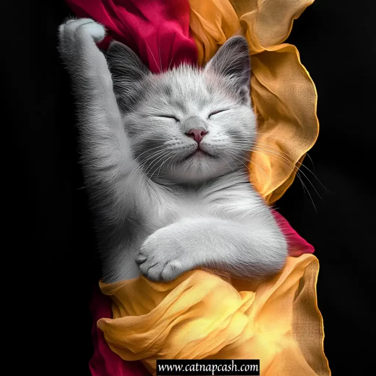 cat sleeping wrapped in a red and yellow fabric
