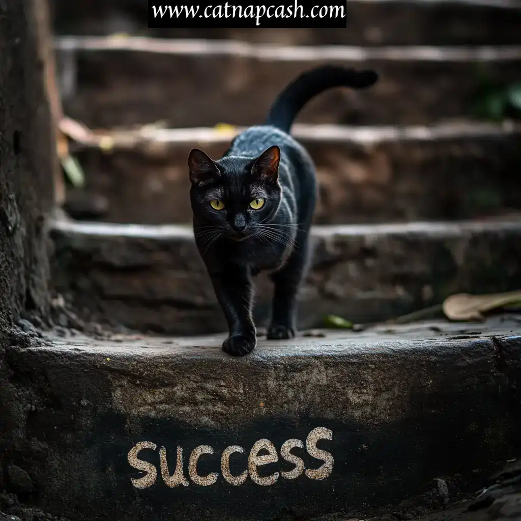 a black cat walking downstairs with the word word success on the bottom step