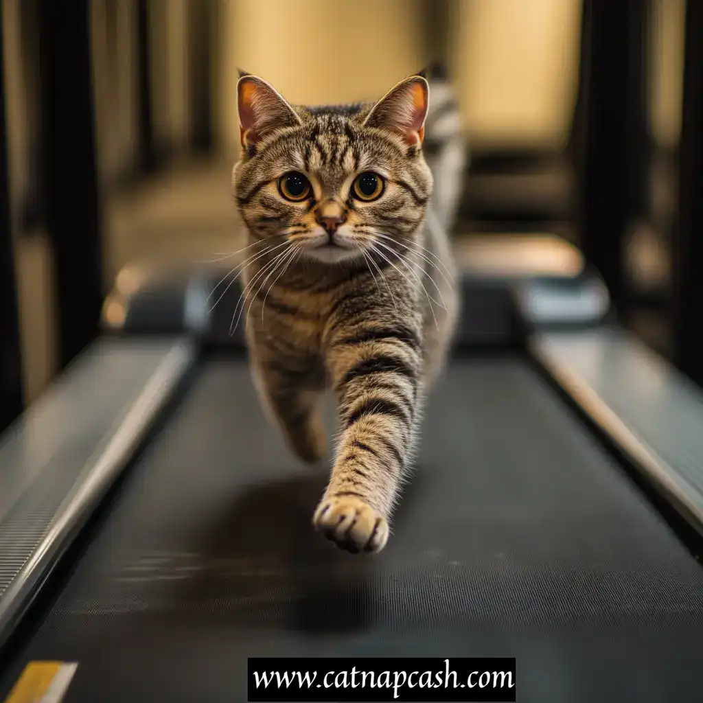 a cat at the gym running on a treadmill