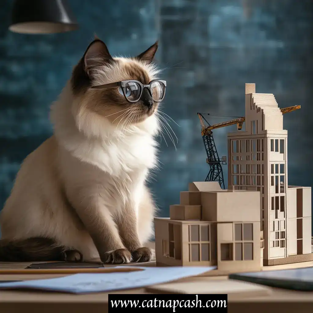 a cat with glasses building a business and a business model figure in front of him