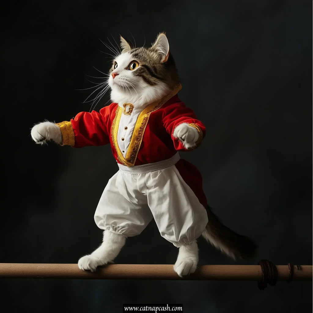 a cat dressed as an Olympian on a balance beam