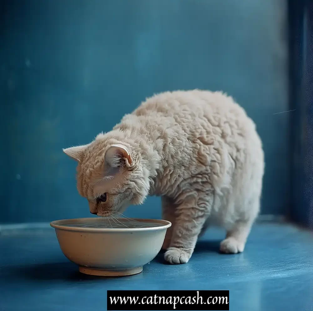 a cat drinking water out of a bowl