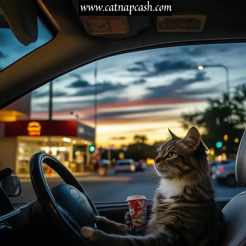 a cat driving a car into a drive thru coffee shop with a cup of espresso in one paw