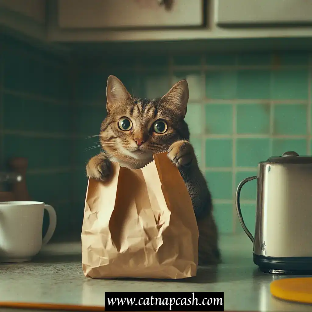 a cat holding a paper bag in a kitchen