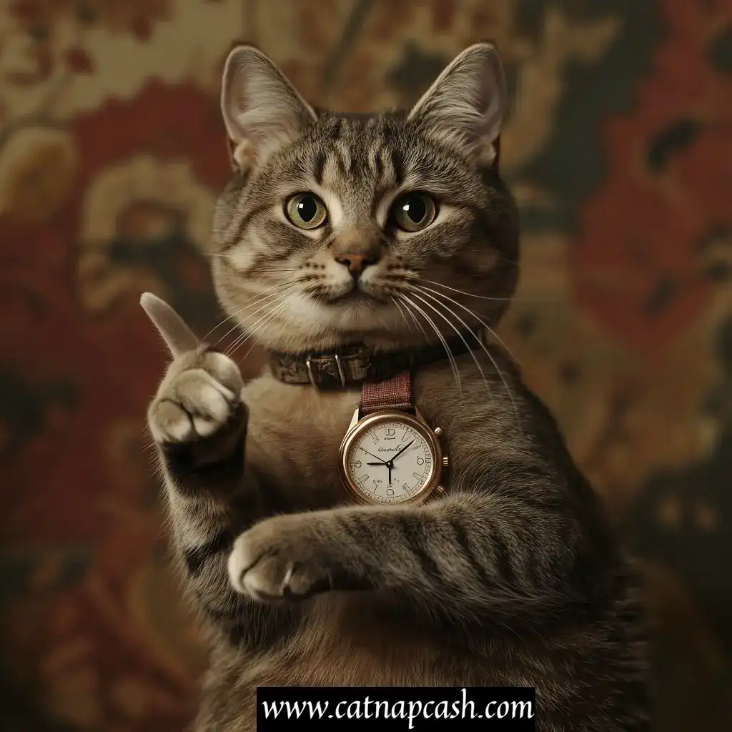 a cat holding a watch and pointing a finger in the air