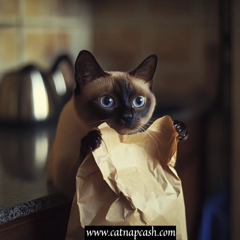a cat in a kitchen holding a paper bag