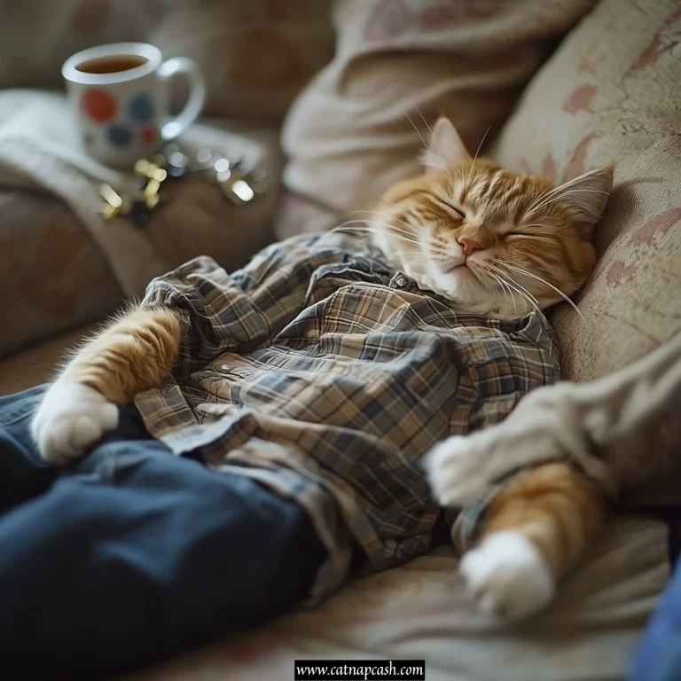 a cat in human clothes laying on a couch