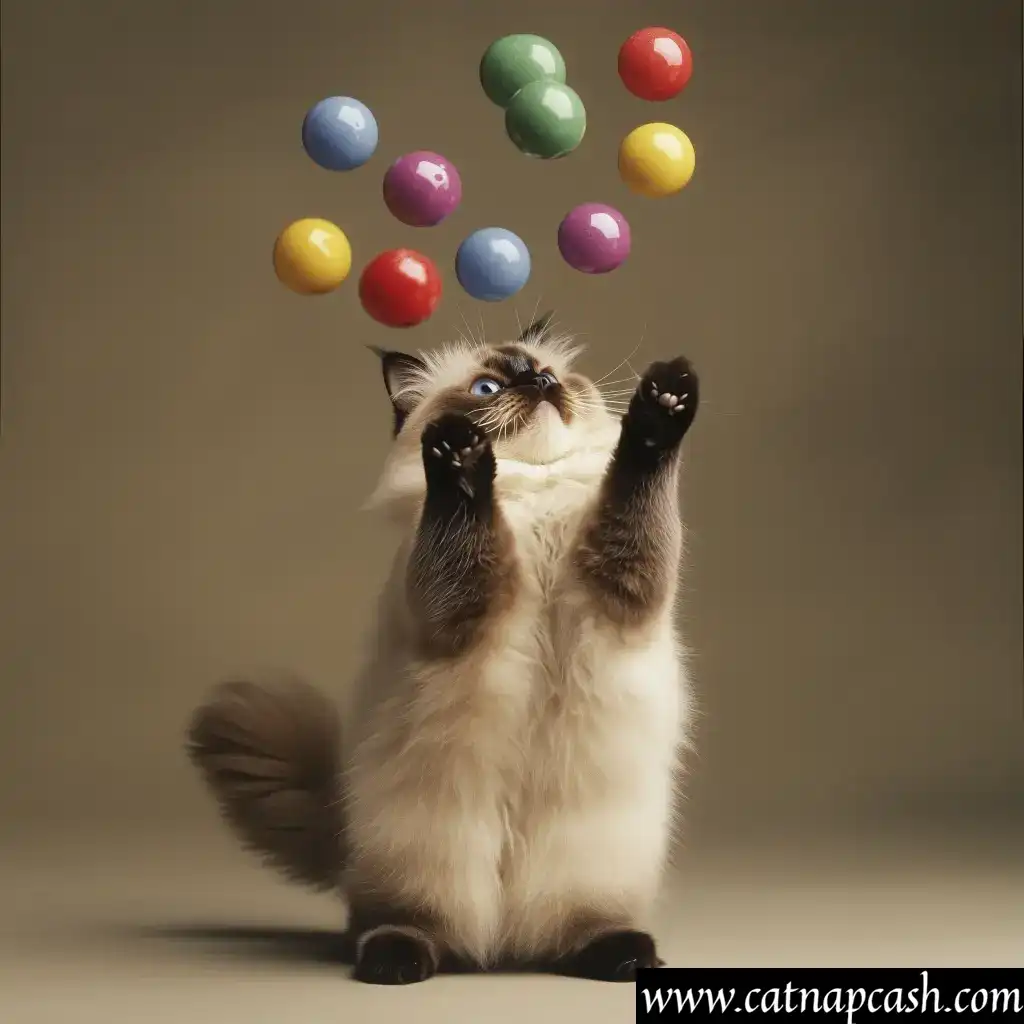a cat juggling nine balls in the air