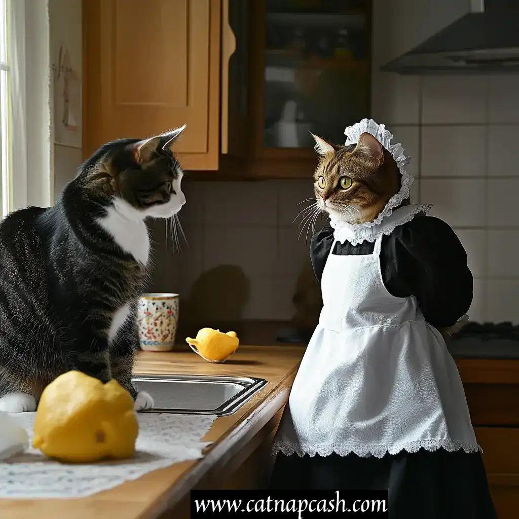a cat looking at a cat dressed as a maid cleaning the house