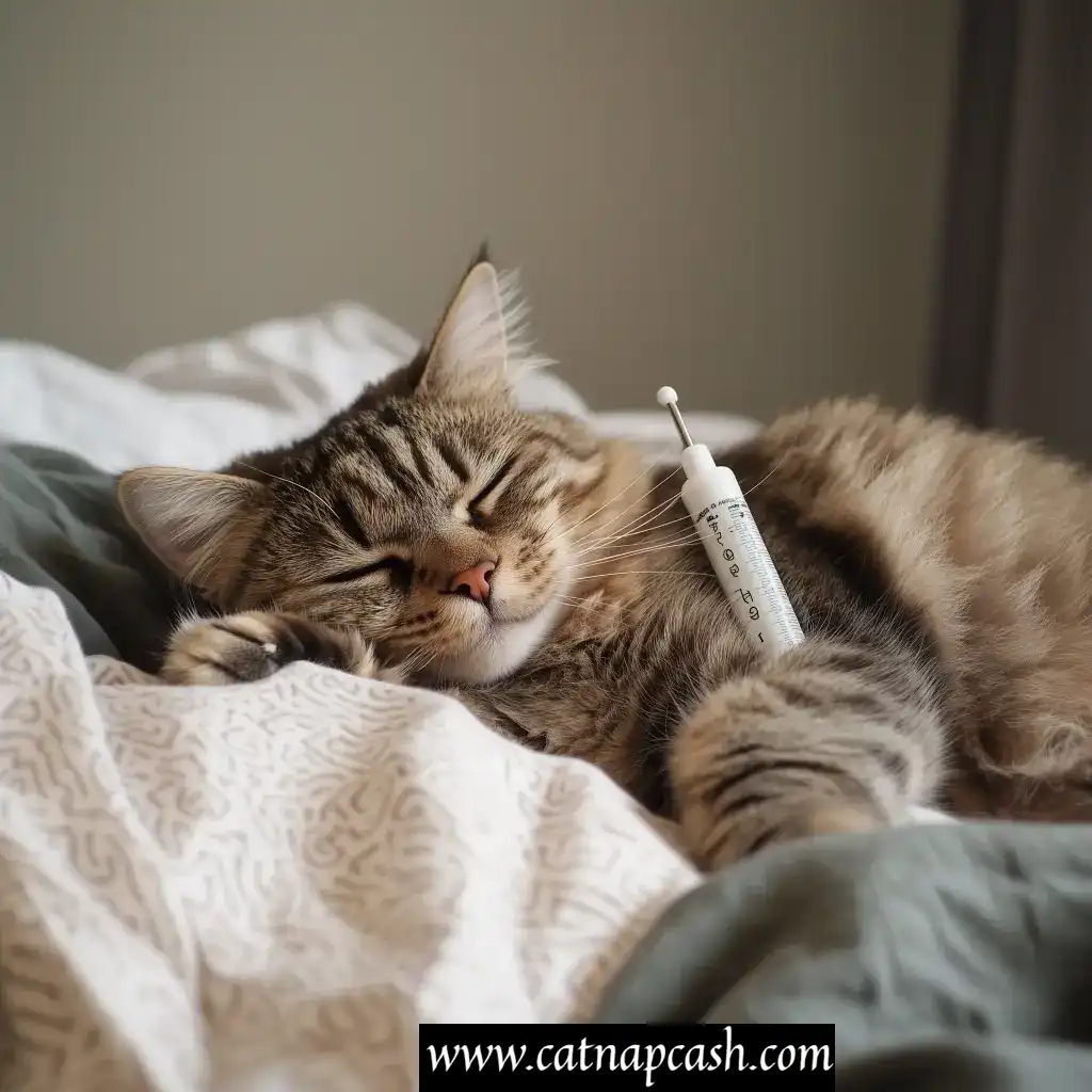 a cat lying on a bed looking like it has the flu with a thermometer
