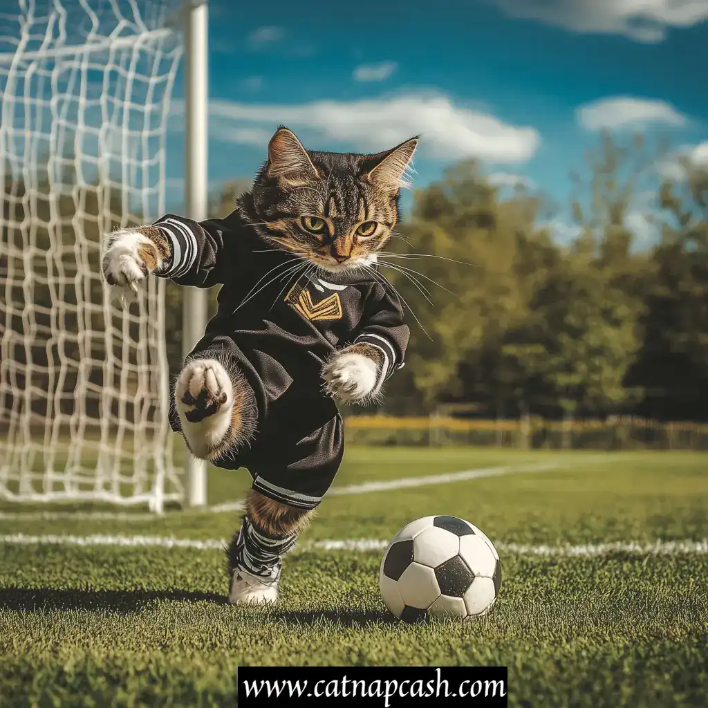 a cat on a soccer field dressed as a soccer player kicking the ball into the goal
