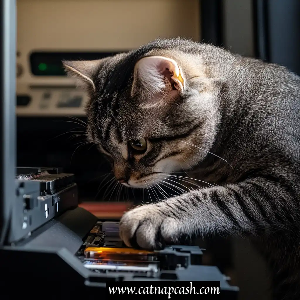 a cat performing maintenance on a printer
