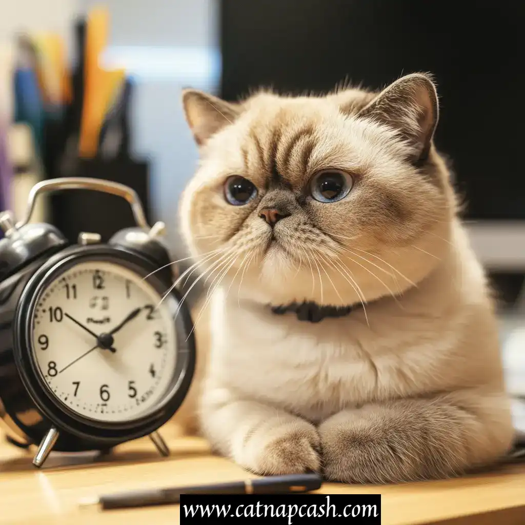 a cat sitting in an office looking at an alarm clock