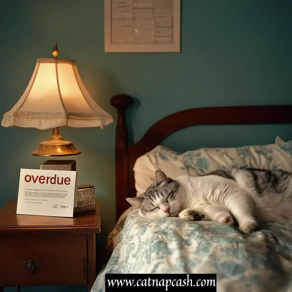 a cat sleeping on a bed with a sign on the nightstand that says overdue