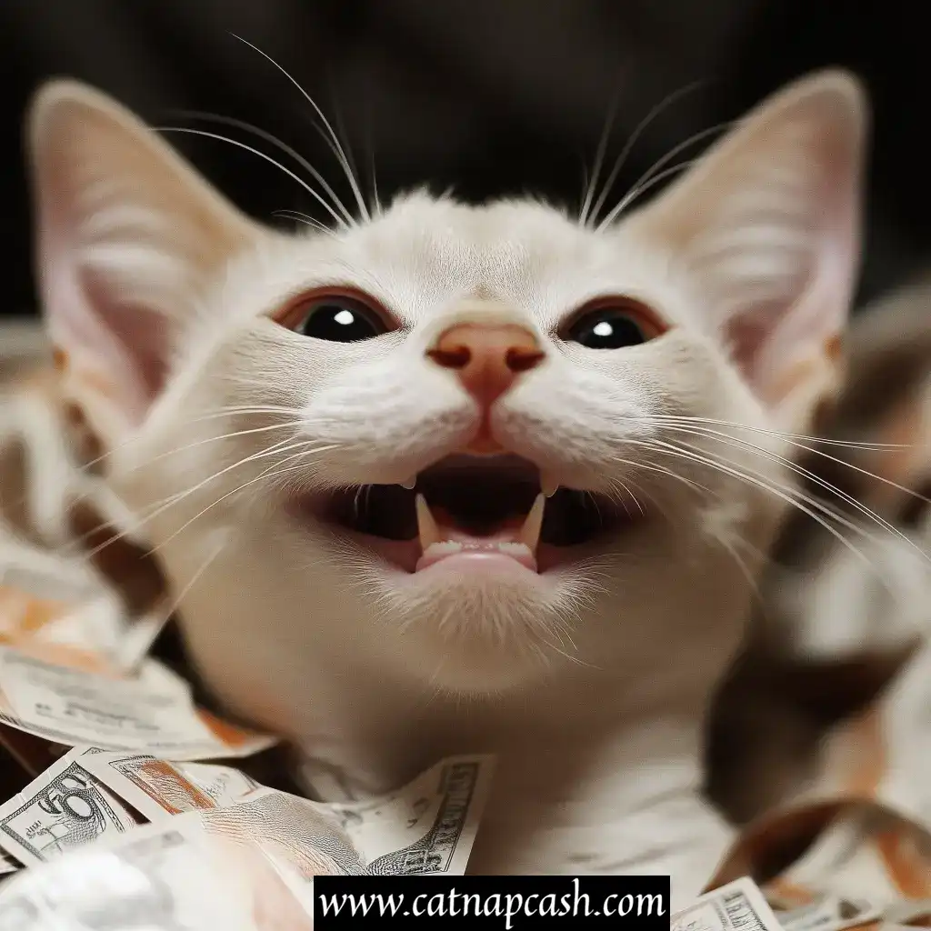 a cat smiling while surrounded by cash