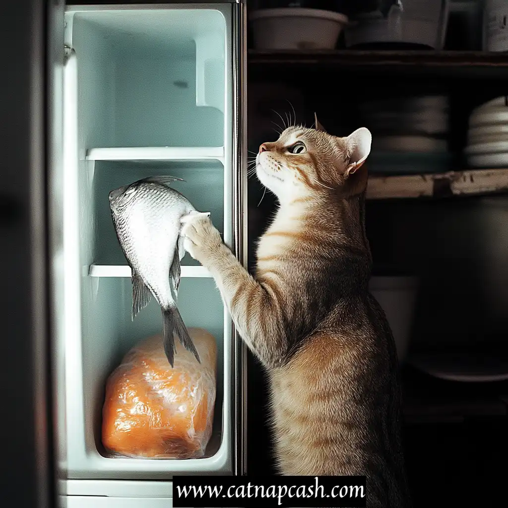 a cat standing by an open chest freezer with a fish