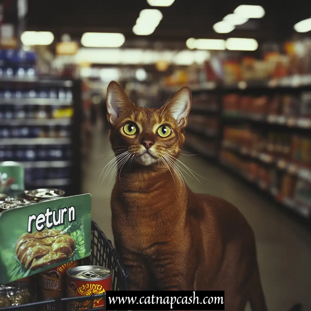a cat trying to return a cart full of items