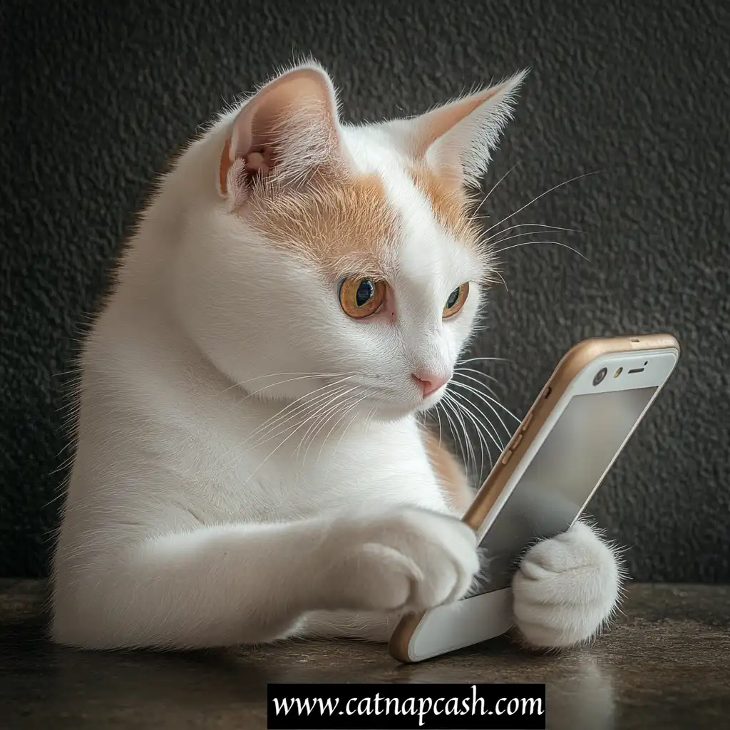 a cat with a cell phone in hand