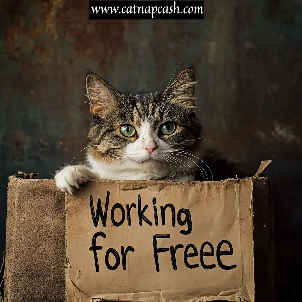 a cat with a sign that says working for free