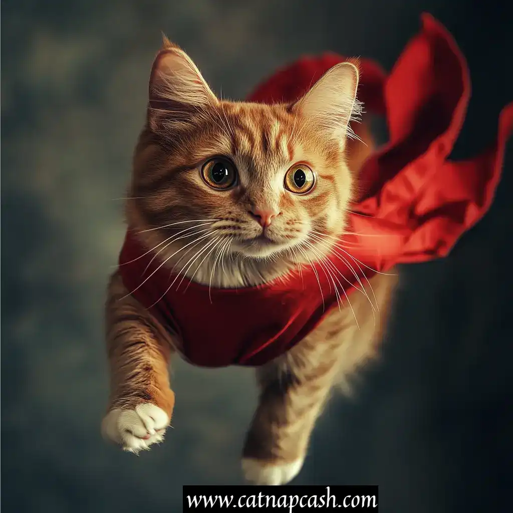 a cat with superpowers sporting a red cape