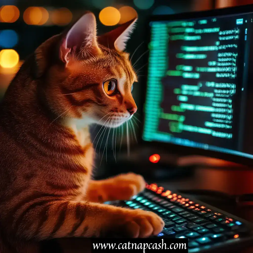 a cat working as a cybersecurity expert in a front of a monitor and keyboard