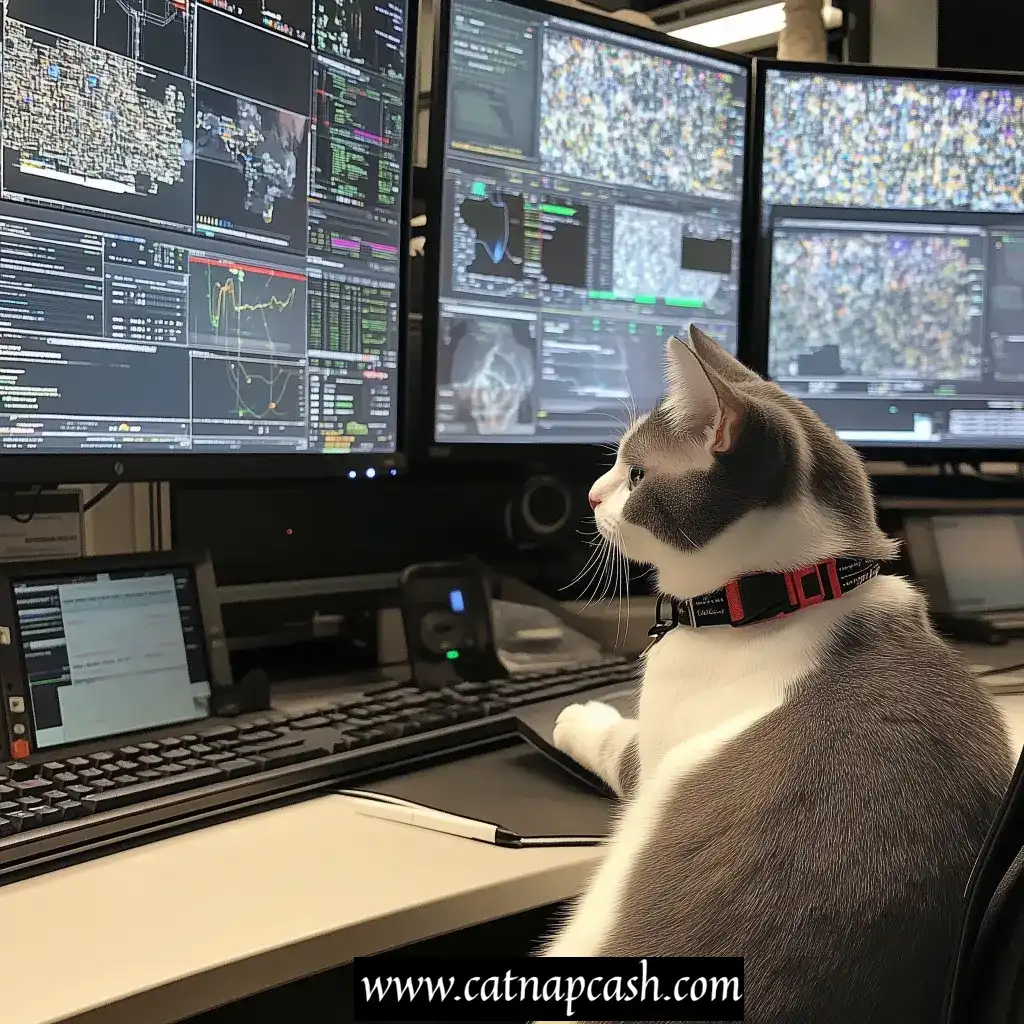 a gray and white cat in a command center working in front of multiple screens