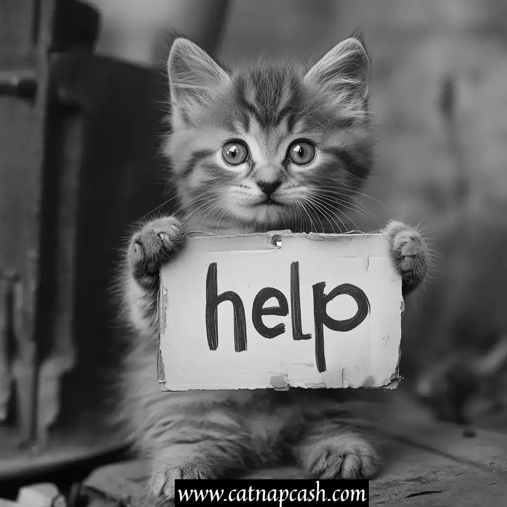 a kitten with a sign that says help