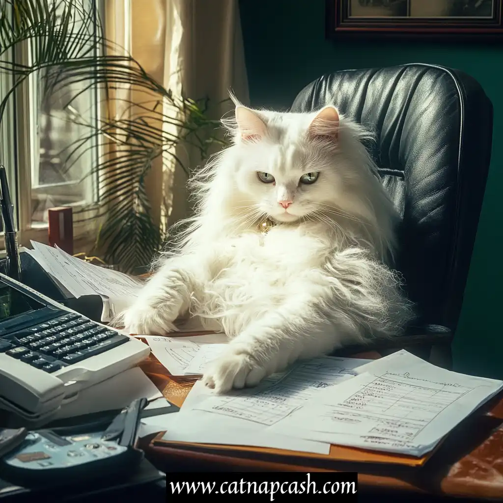 a white cat behind a desk in an office chair