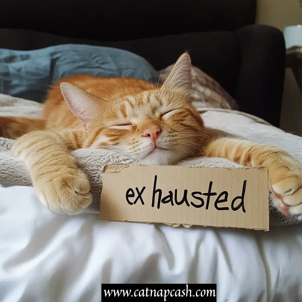 an orange and white cat laying on a bed with a cardboard sign that says exhausted