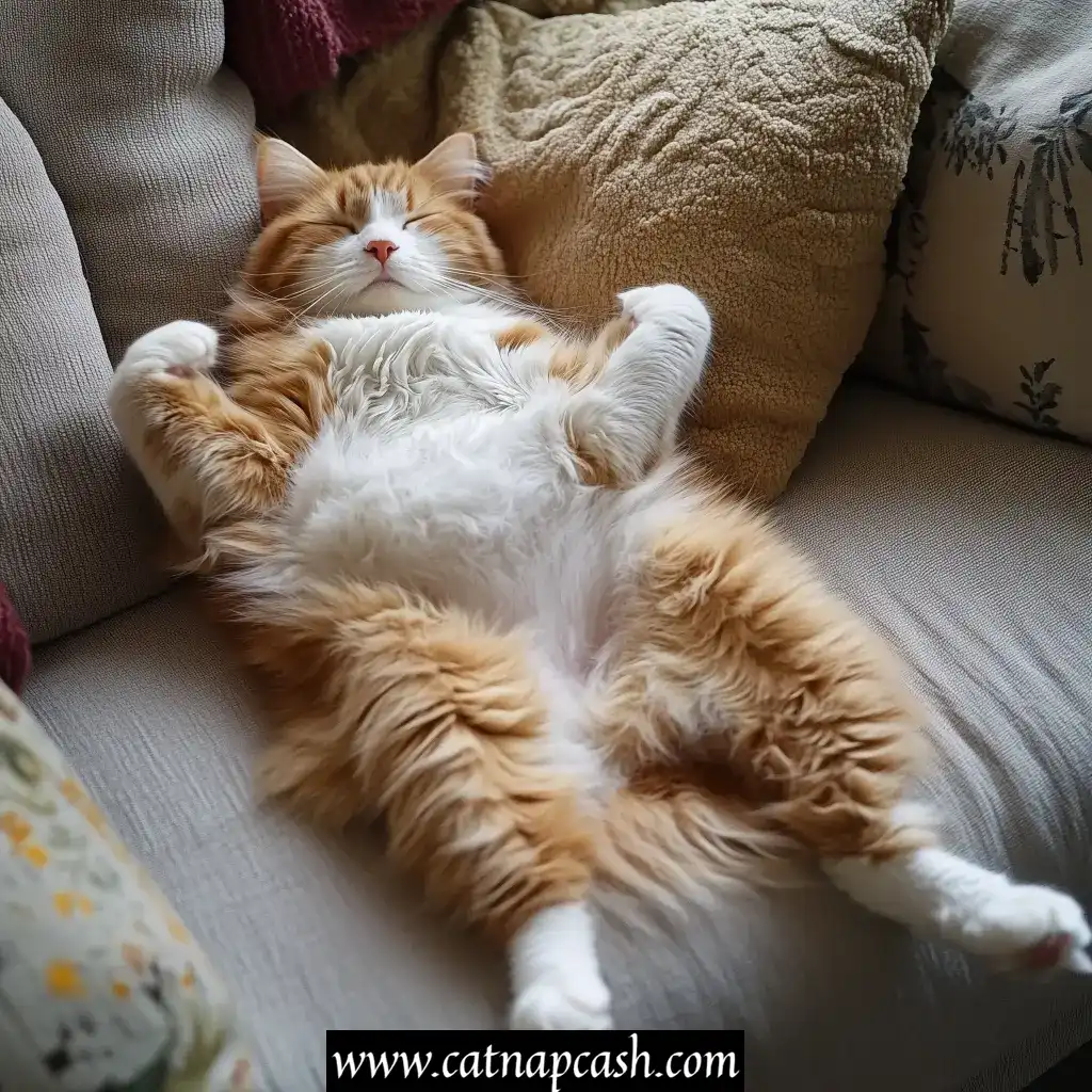 an orange and white cat sleeping belly up on a couch