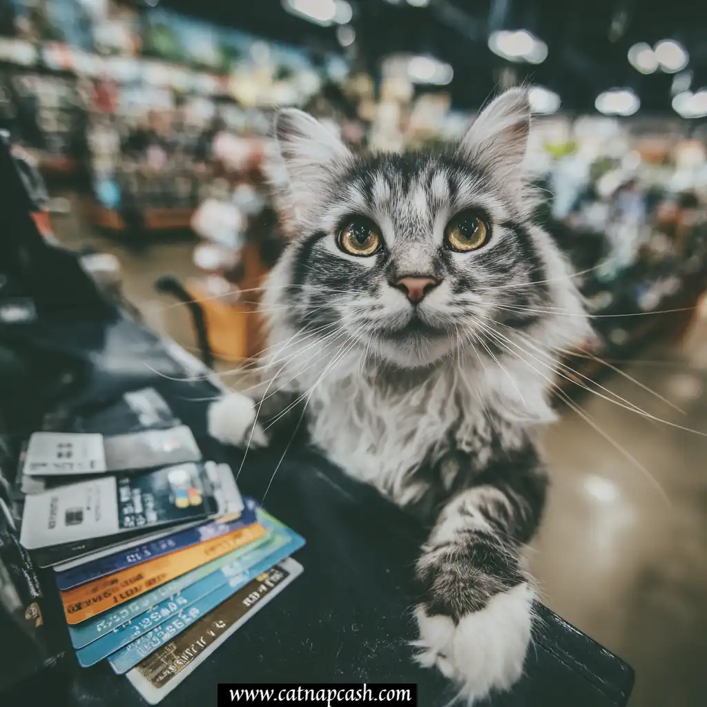 cat with multiple credit cards in paw at the checkout line in a department store