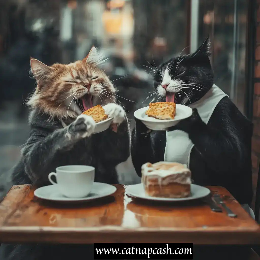 two cats acting as a coworkers having a meal with each other