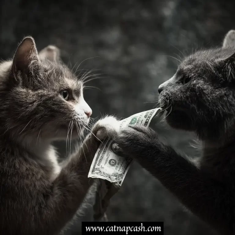 two cats stretching a dollar with each having a paw on it