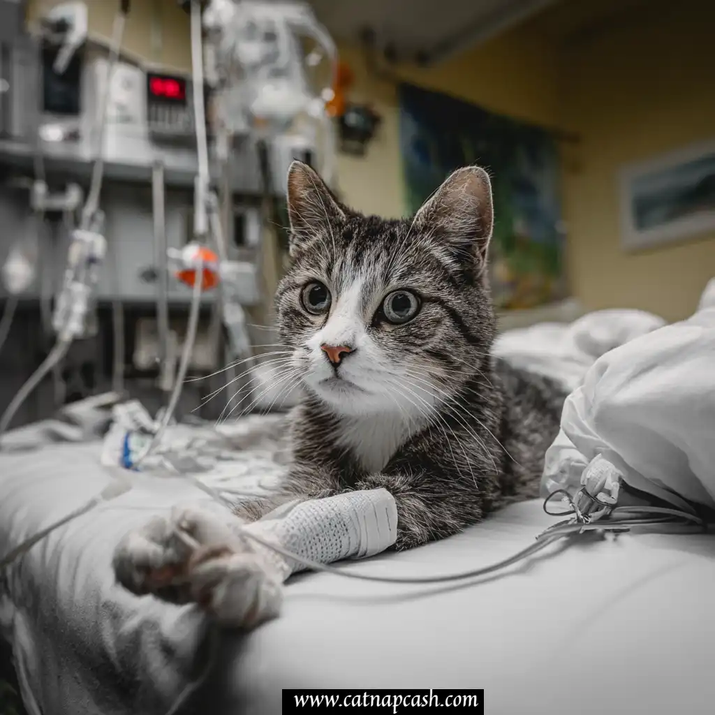 American Wirehair cat in a hospital bed with it's foot in a sling while hooked up to an IV