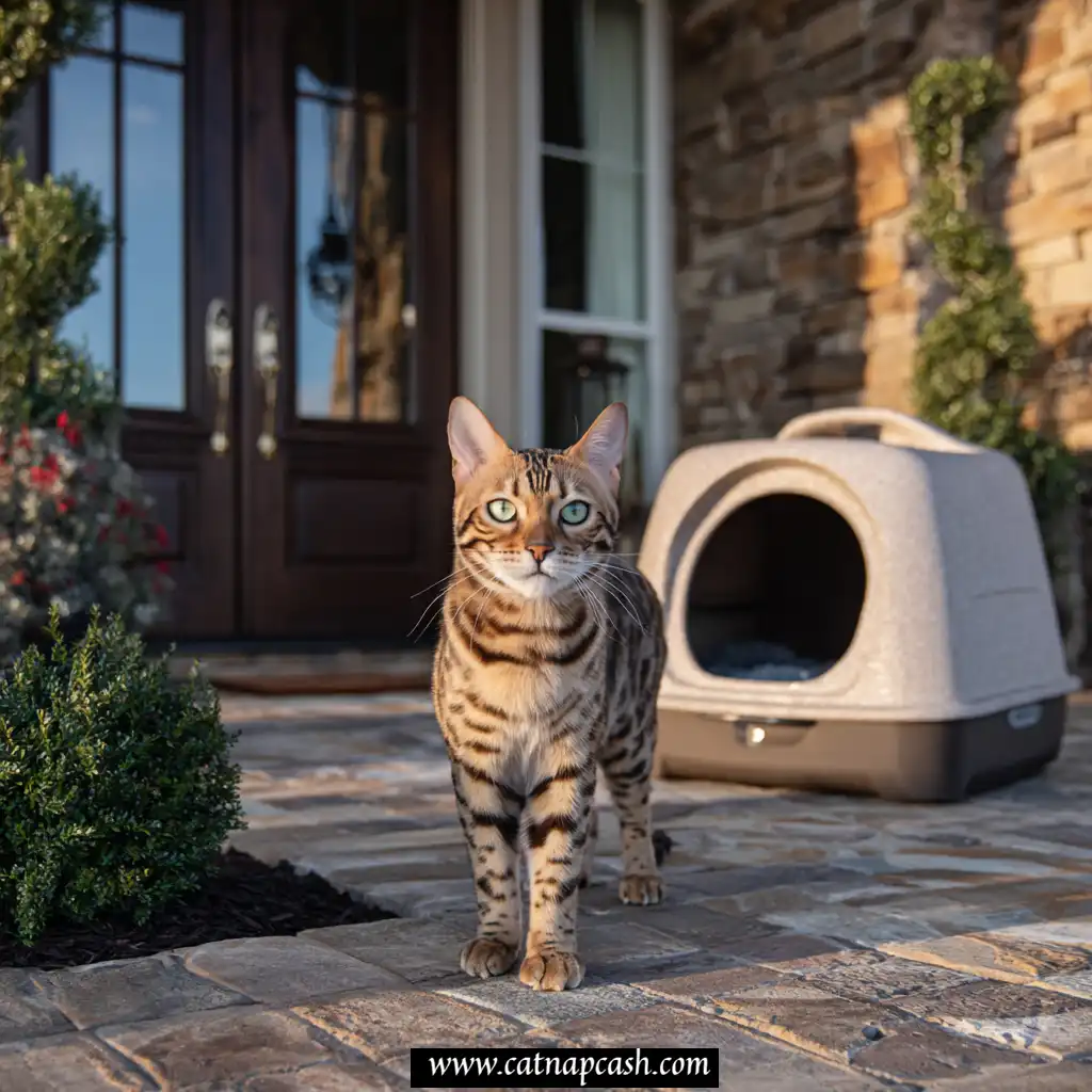Bengal cat standing in front of a newly purchased home with a luxurious litter box behind it