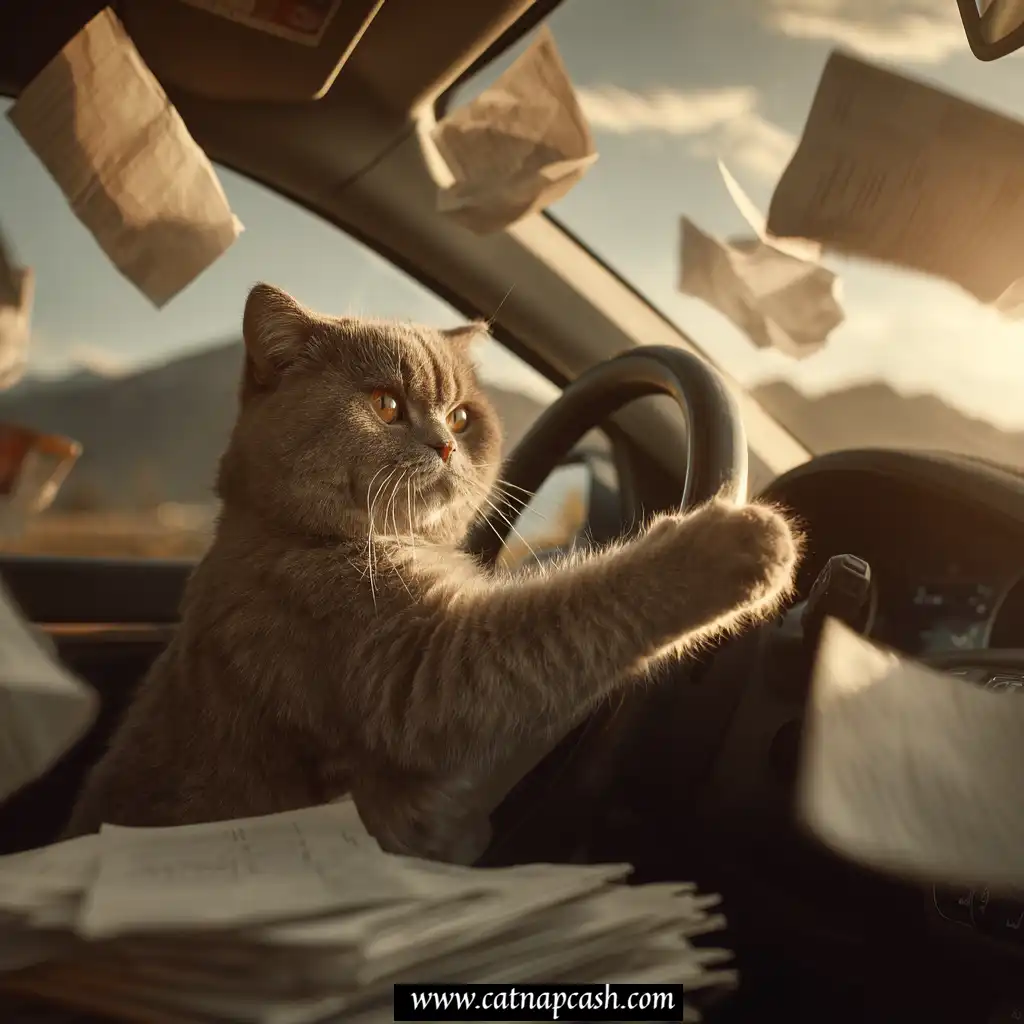 British Shorthair cat driving a new car down a highway and throwing papers out of the car with one paw