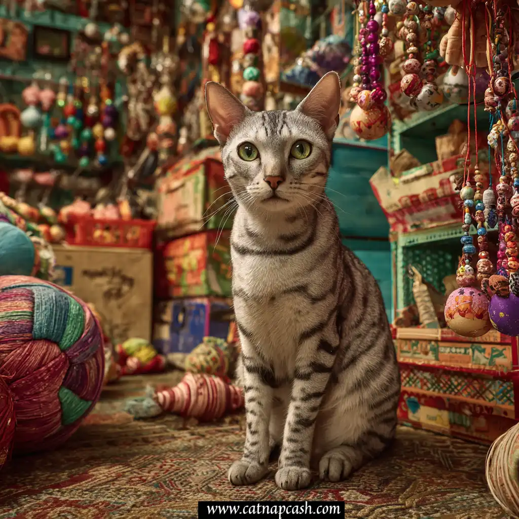 Egyptian mau cat living a lavish lifestyle buying fancy cat toys depicting common causes of debt of a cat